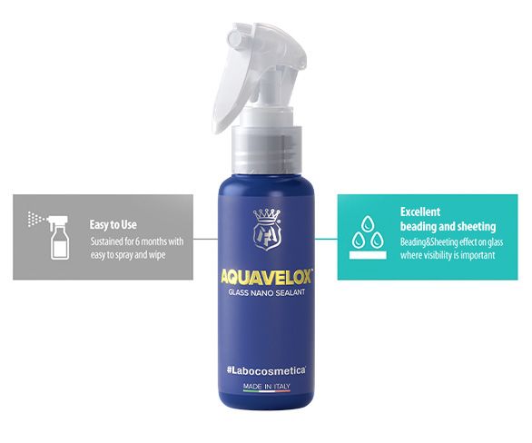Labocosmetica AQUAVELOX Ceramic coating for glass. glass coating. Hydrophobic Class coating. Like Rain X. water runs off windshield. Labcosmetica Cork Ireland.