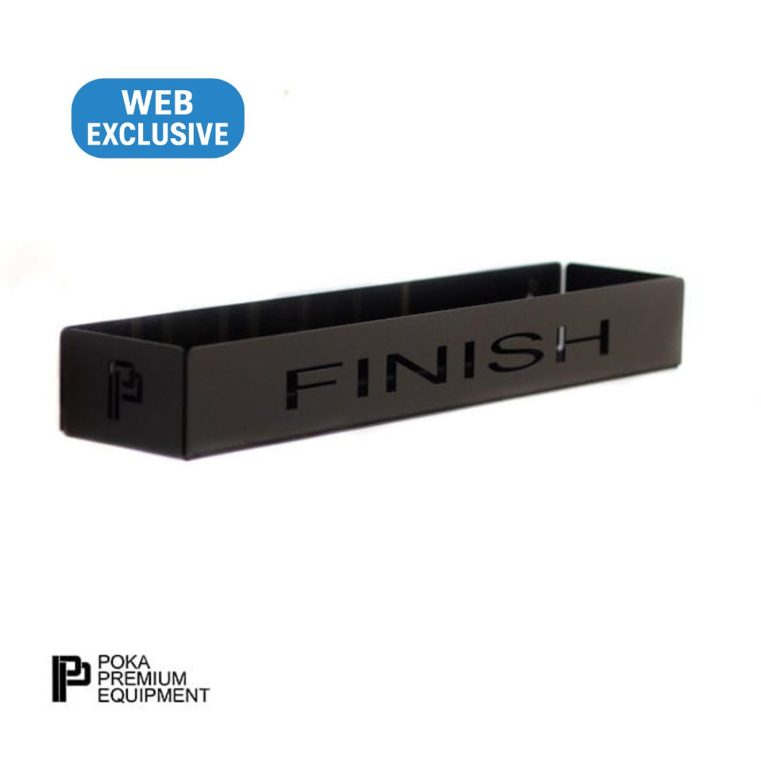 Black tray with 'FINISH' engraving on a white background, featuring Poka Premium Equipment logo.