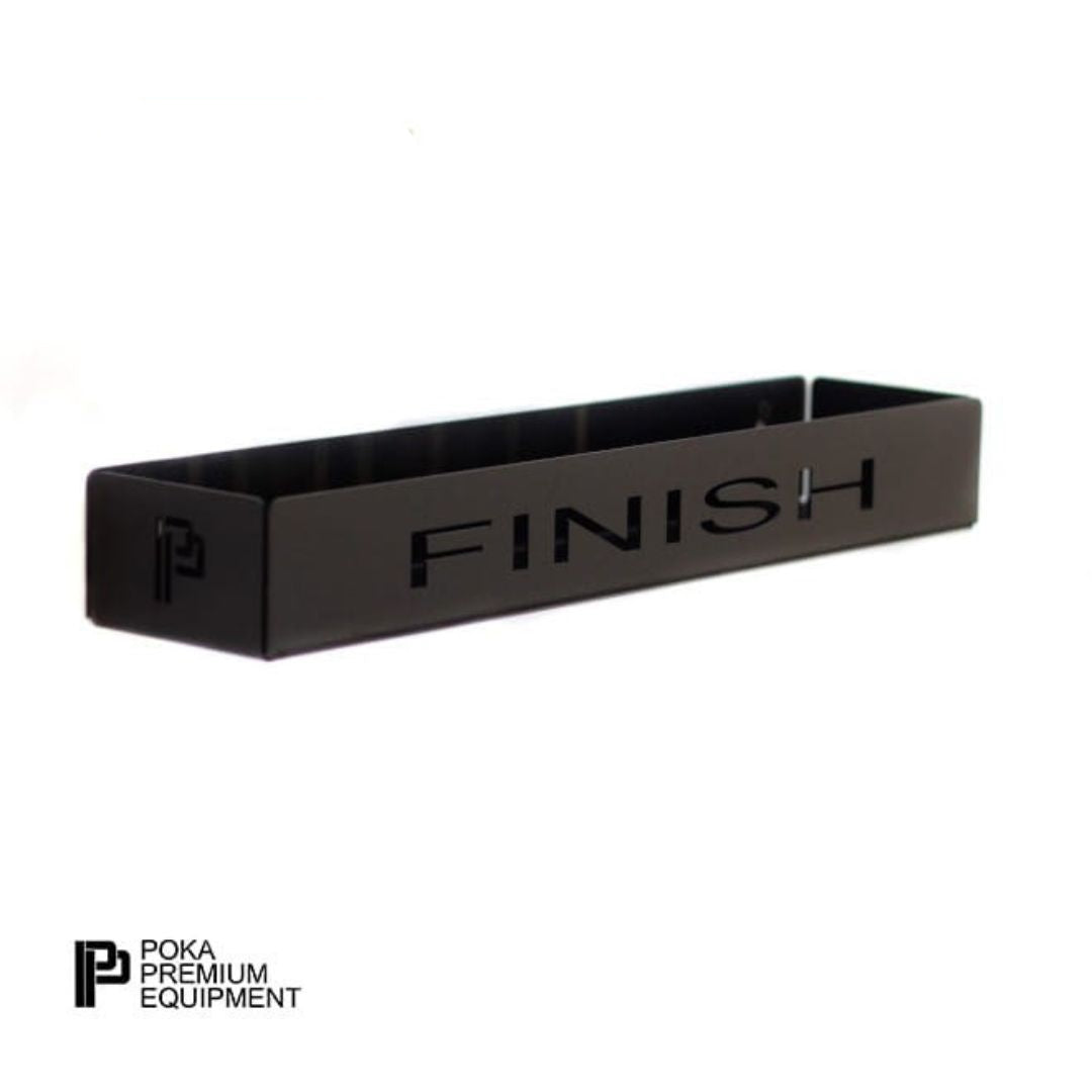 Black tray with 'FINISH' engraving on a white background, featuring Poka Premium Equipment logo.