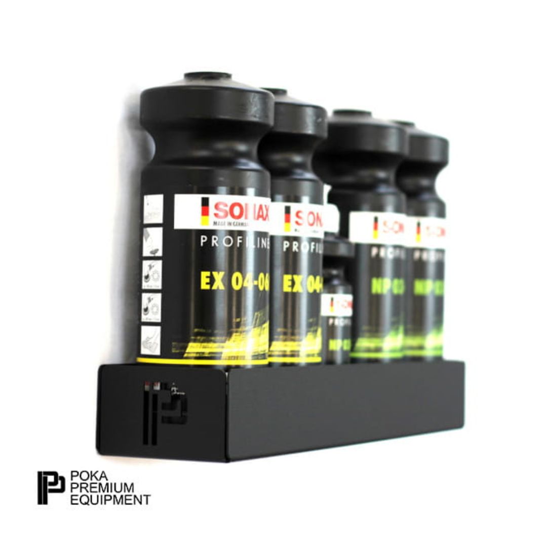 Display of Sonax polishing compouns bottles on a black Poka Premium Shelf stand with visible branding.