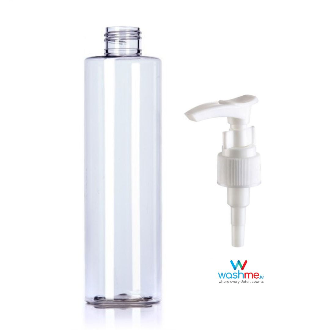 250ml bottle with dosage pump. high quality bottle see through. stylish bottle for shampoo. washme bottle.