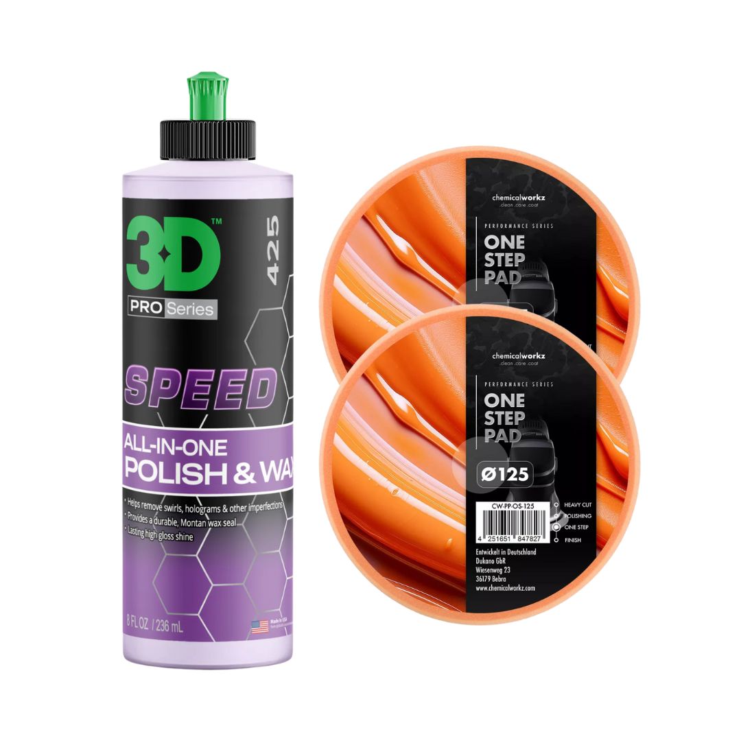 3D Pro Series polish and two orange one-step pads on a white background