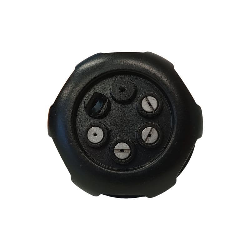 The 6 in 1 Spray Nozzle attaches to the Stubby Nose Foam Gun. This gives you six different spray modes to use as you pressure wash your car.