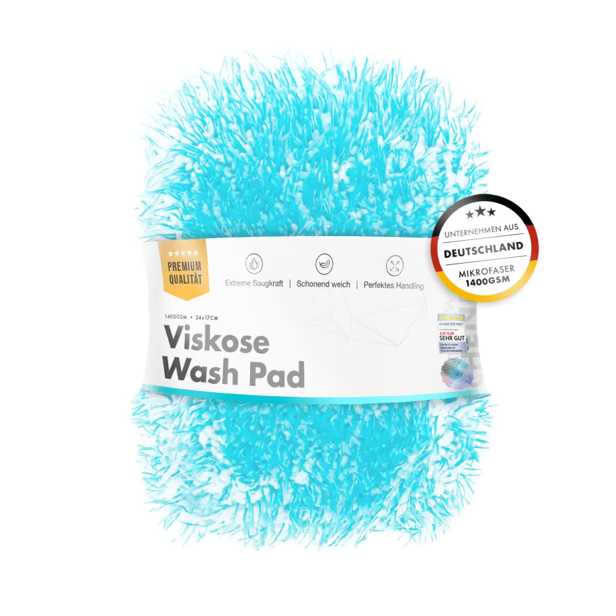 Blue viscose wash pad with packaging on a white background