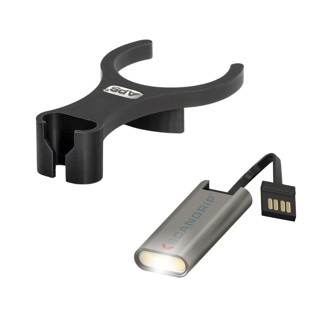Innovative bracket for attaching the Scangrip Flash Micro R light to Flex PXE80 - flexible and directed illumination of the polishing area! APS Ireland