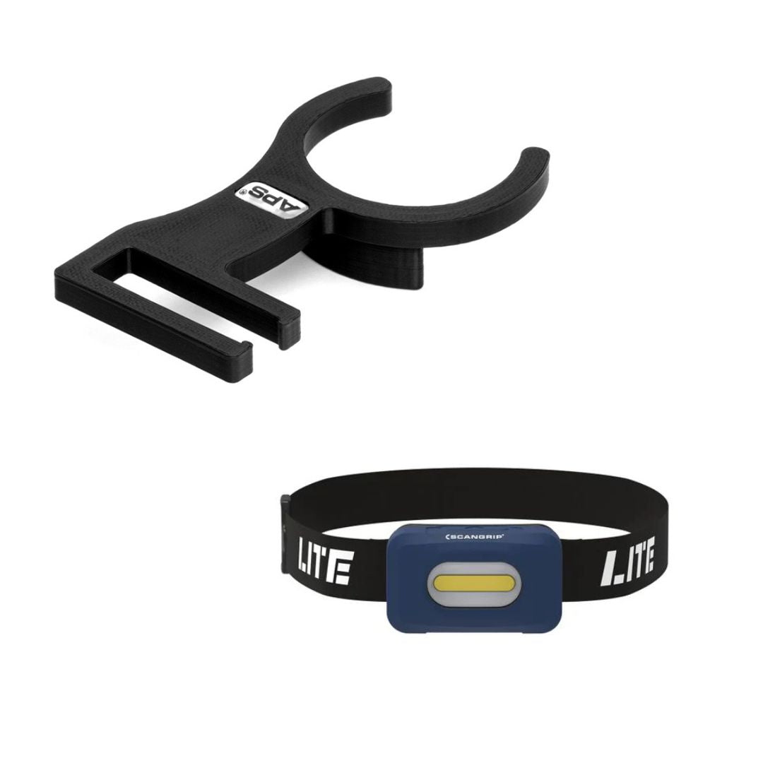 Innovative holder for attaching the Scangrip HEAD LITE S to the Flex PXE80 - flexible and professional illumination of the polishing area! APS Ireland