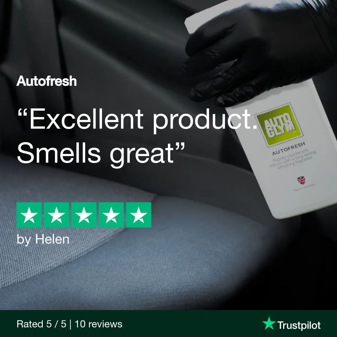 Autoglym Autofresh car interior cleaning product with a five-star Trustpilot rating on a car seat background.