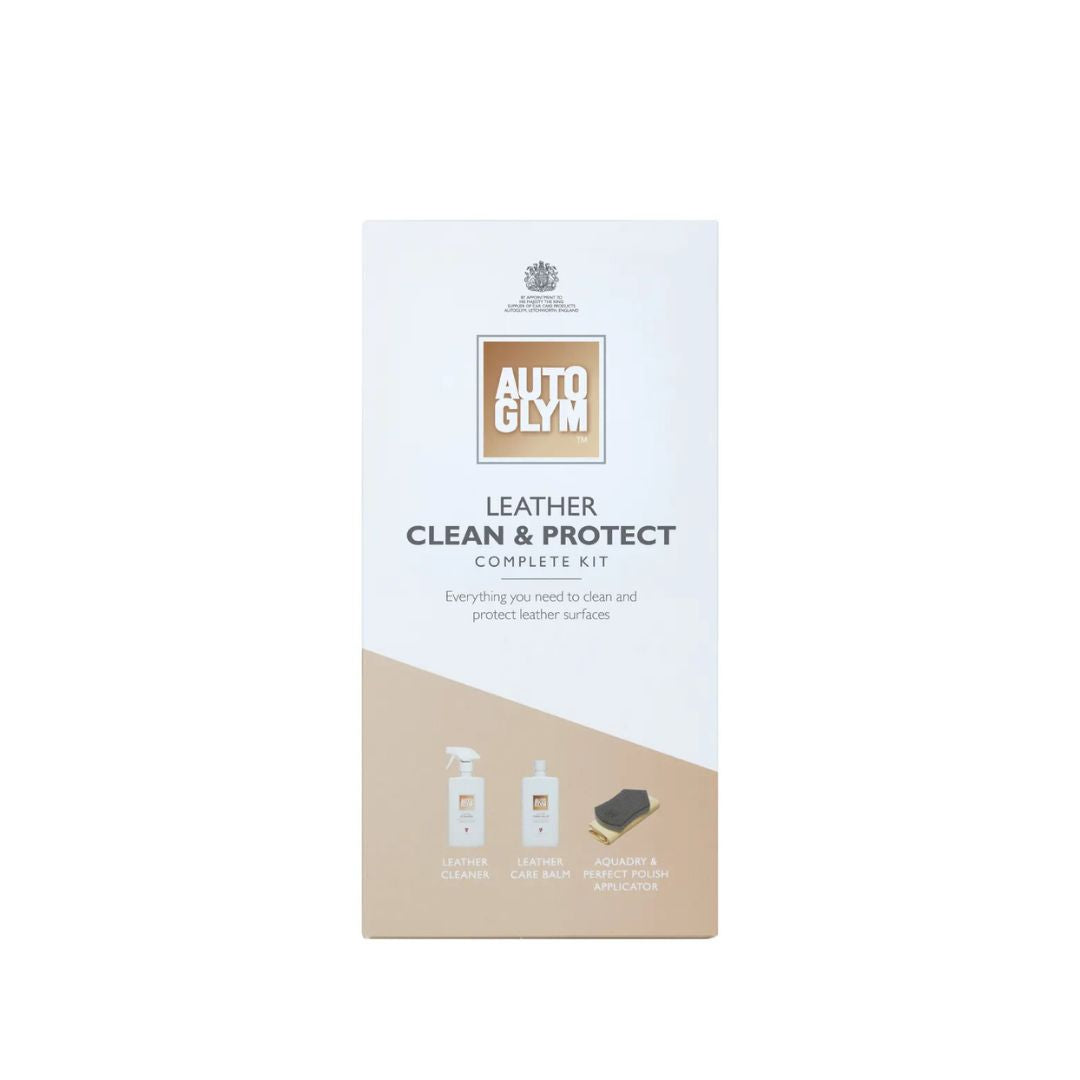 Autoglym leather clean and protect complete kit packaging on a white background