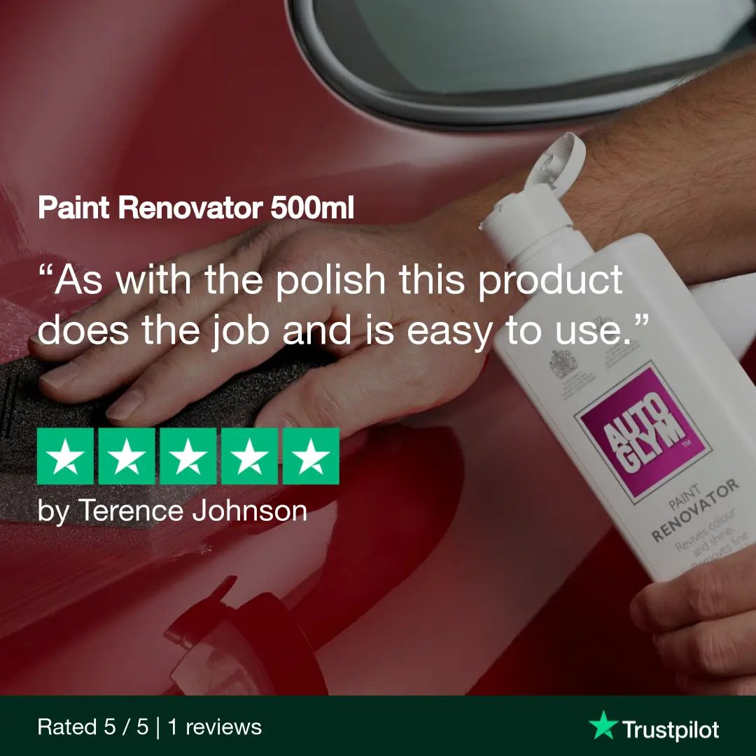 Person holding a bottle of Auto Glym Paint Renovator 500ml with text and Trustpilot rating overlay.
