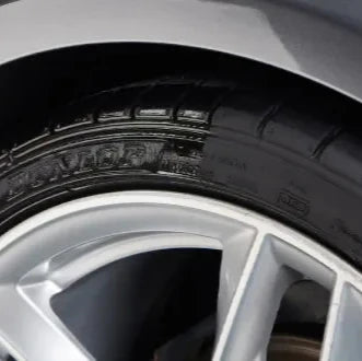 Close-up of a car tire with tread pattern and rim details