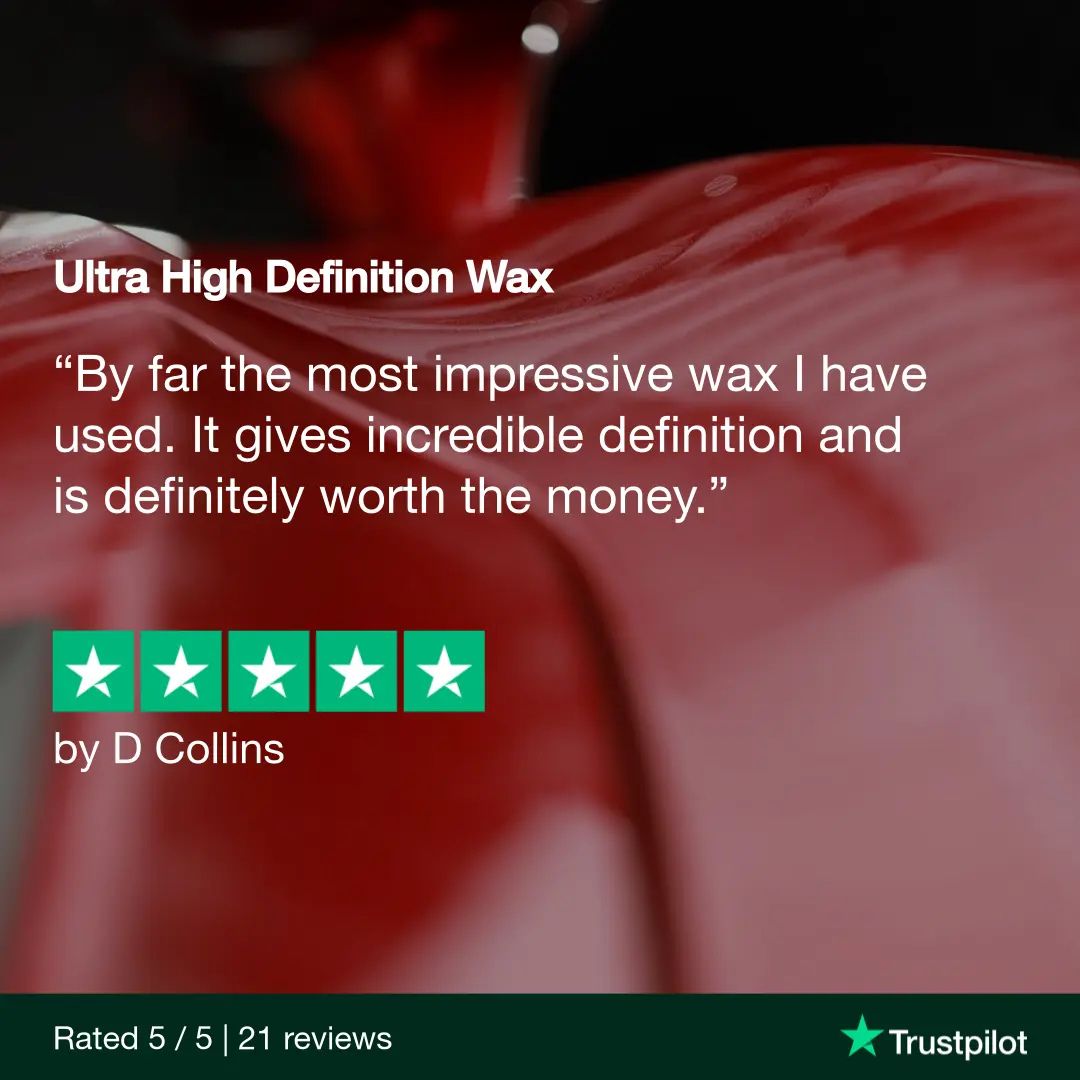 Product review for Ultra High Definition Wax with a five-star rating and customer quote.