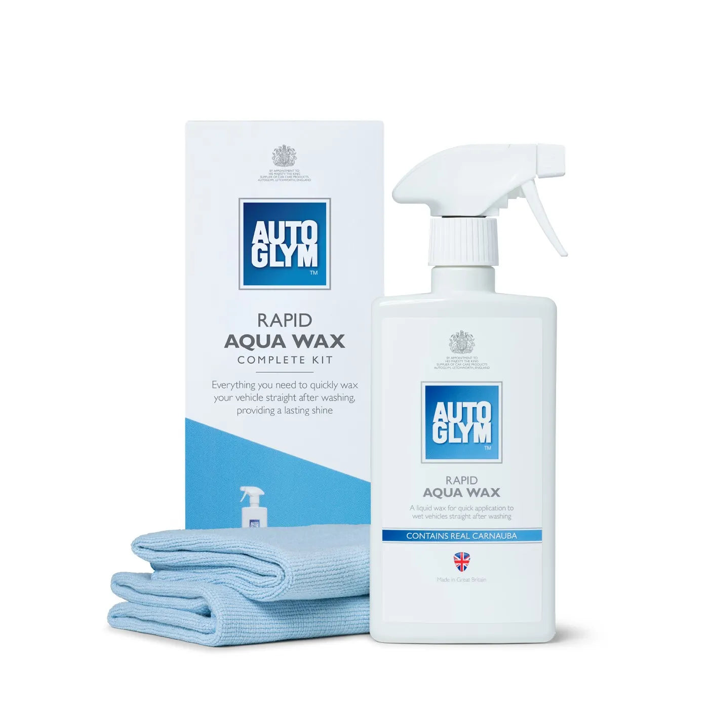 Auto Glym Rapid Aqua Wax Complete Kit with spray bottle, packaging, and cloth on a white background