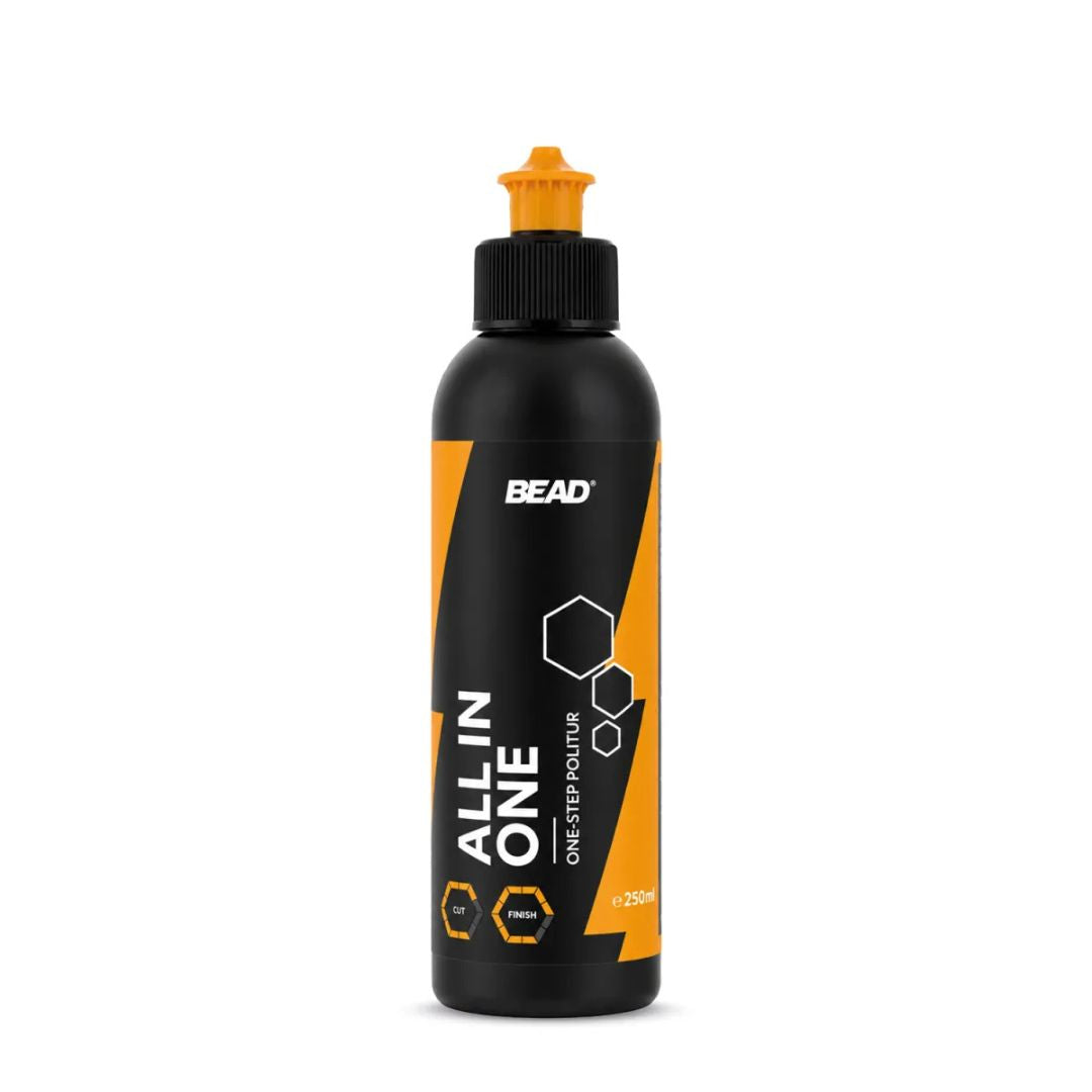 A bottle of BEAD All-In-One One Step polishing compound, featuring a black bottle with a bright orange cap and a black and orange label, set against a plain white background.