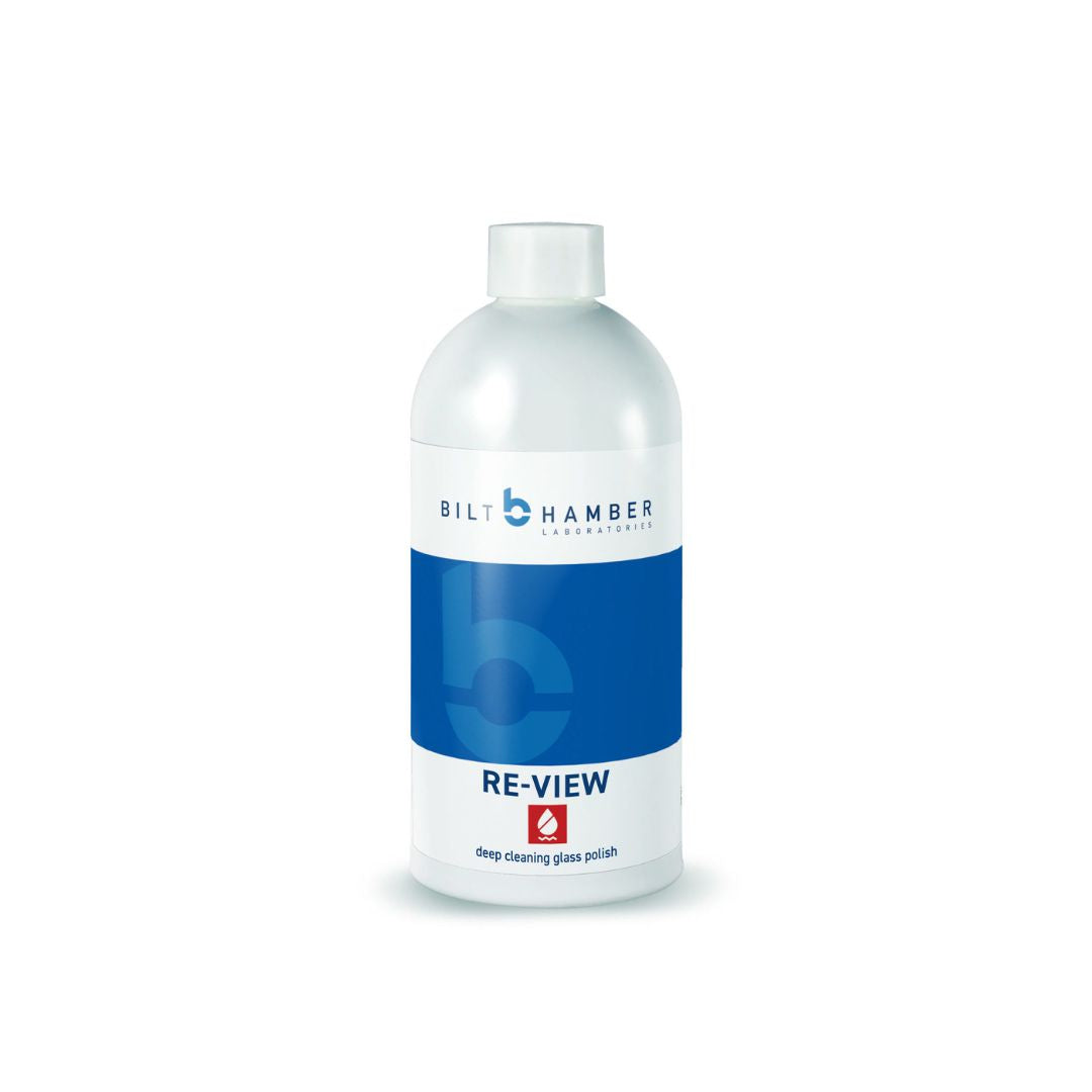 A bottle of Bilt Hamber Re-View Glass Polish with a capacity of 500ml.
