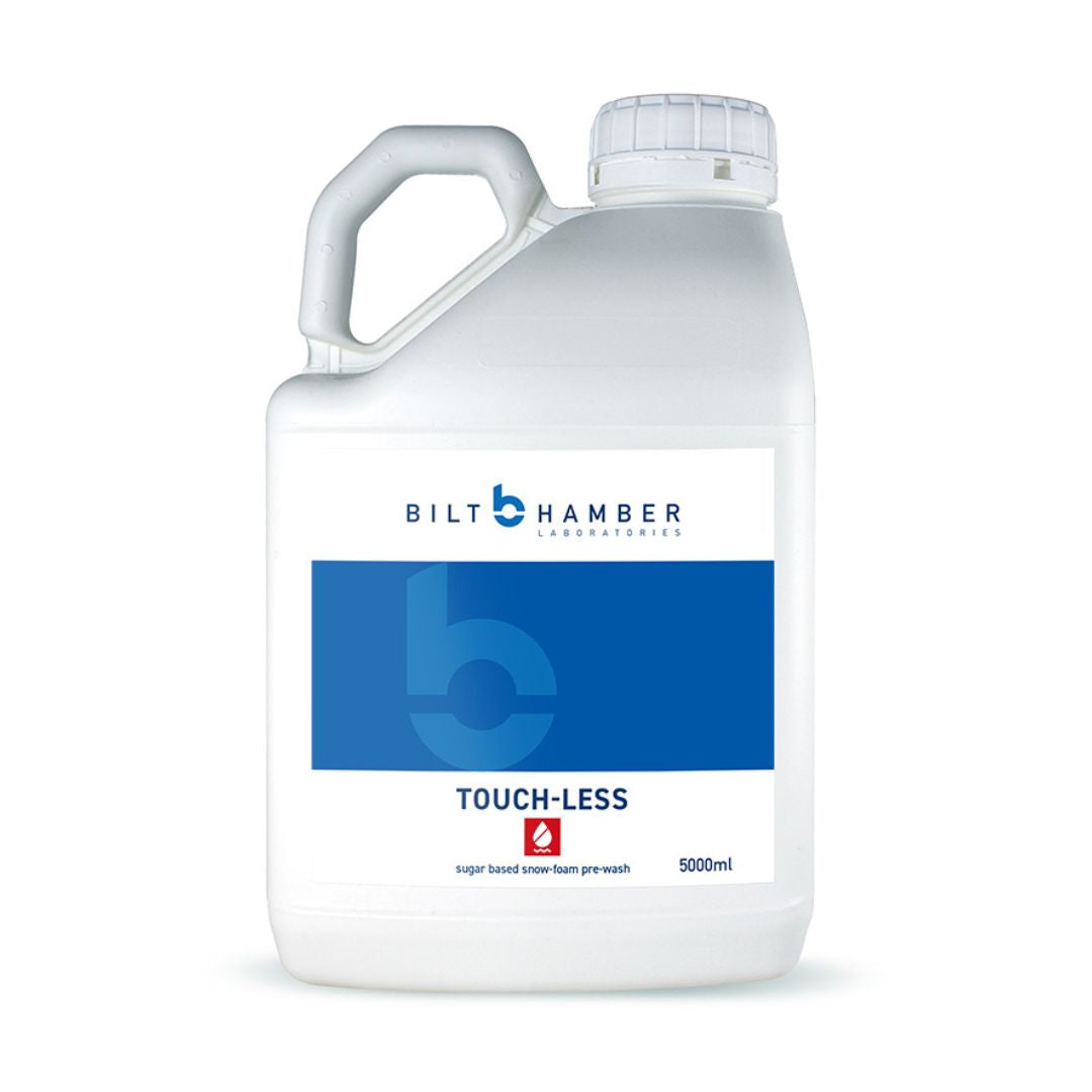 A 5000ml white plastic bottle of Bilt Hamber Laboratories Touch-Less sugar free indoor floor pre-wash, featuring a white and blue label with a handle on the left side.