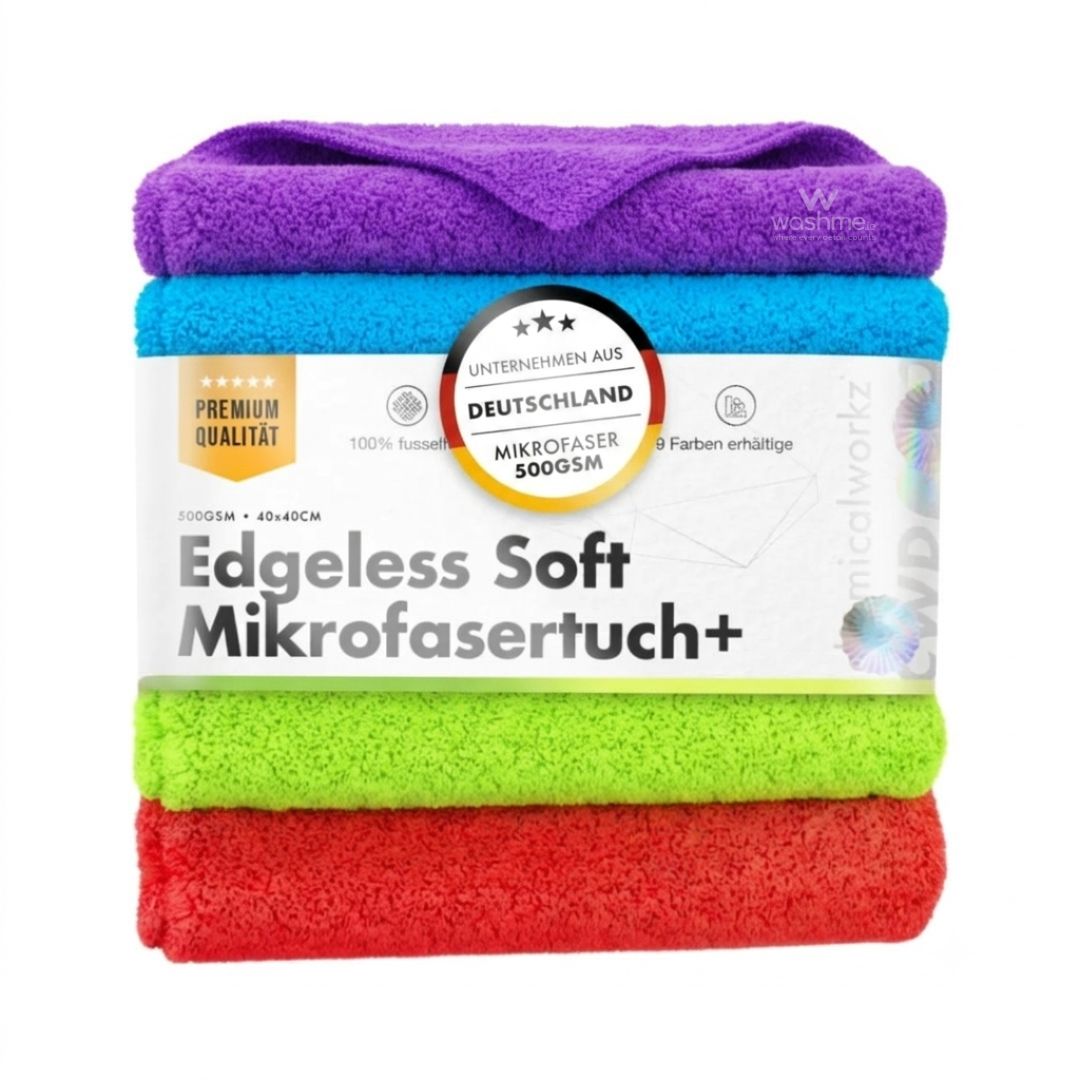 Packaged set of 4 Chemicalworkz microfibre cloths in purple, blue, and green with a label on a white background.