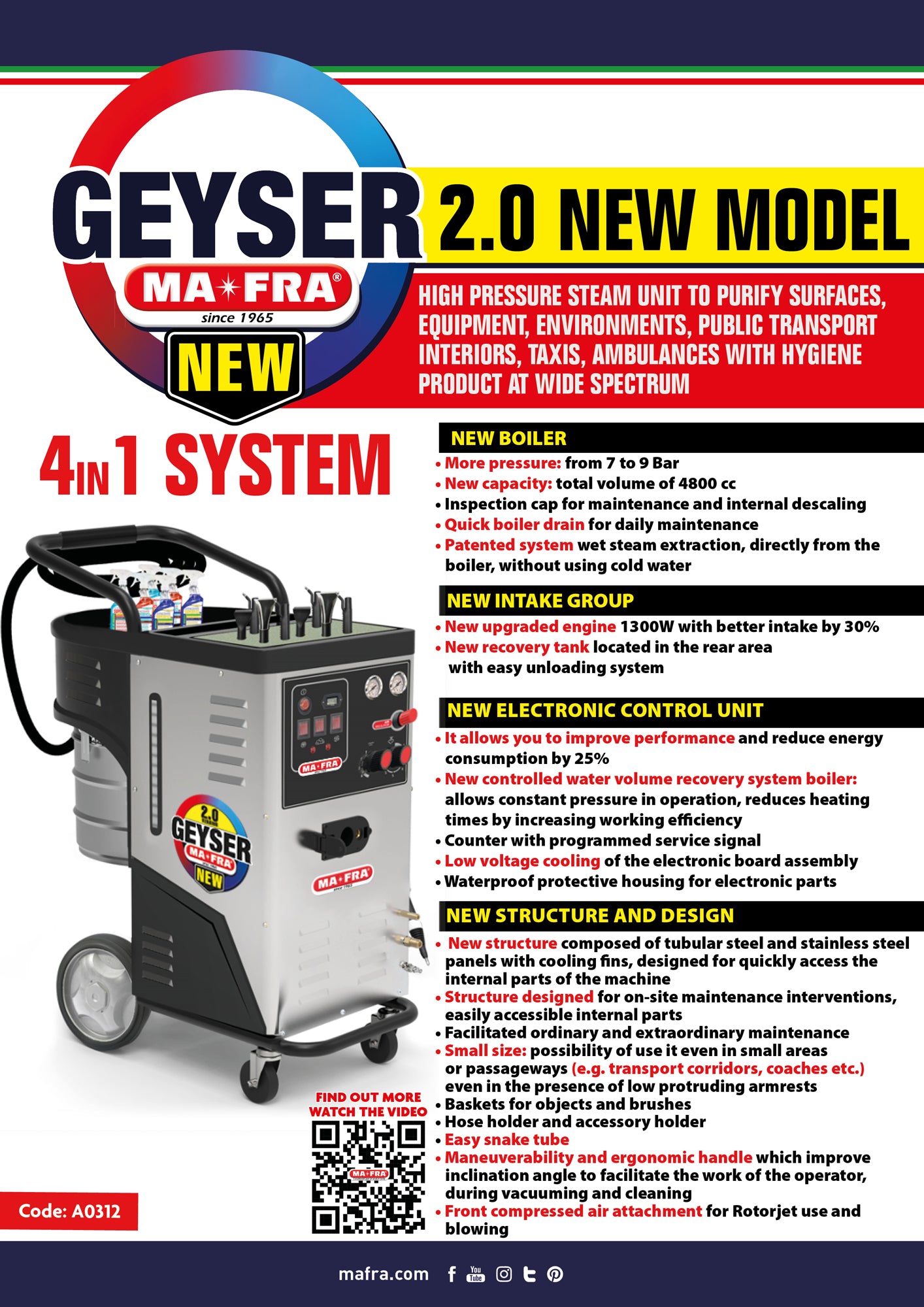 Mafra Geyser 2.0 steamer. Best steamer, bet exctractor, best wet hoover. dry and wet steam. Cleans with dry steam, wet steam, foaming cleaner, and vacuums up liquids and dust