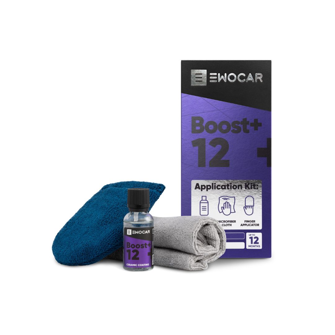 Ewocar Boost+ 12 month ceramic coating application kit with bottle, cloth, and packaging on a white background