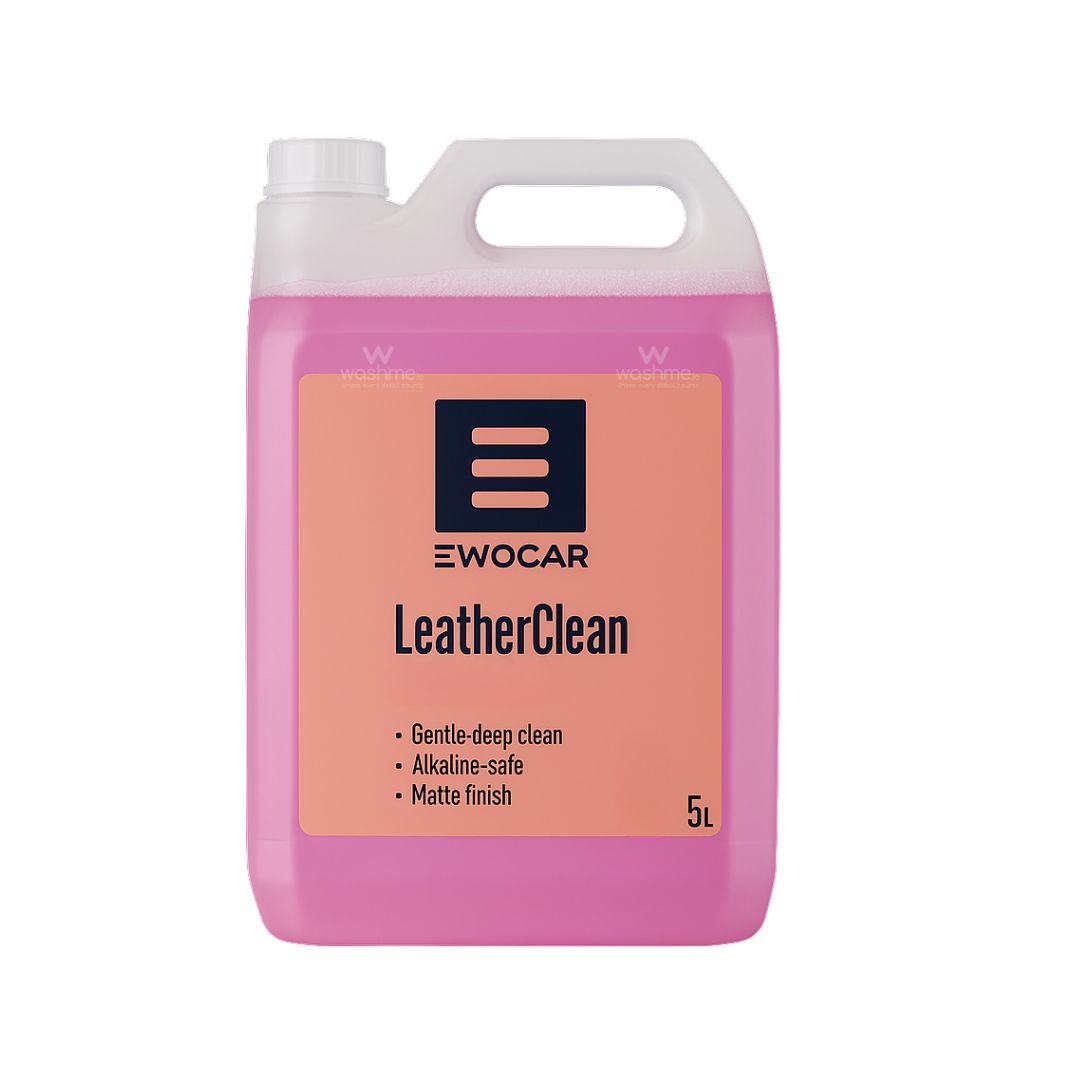 Pink container of EWOCAR LeatherClean on a white background