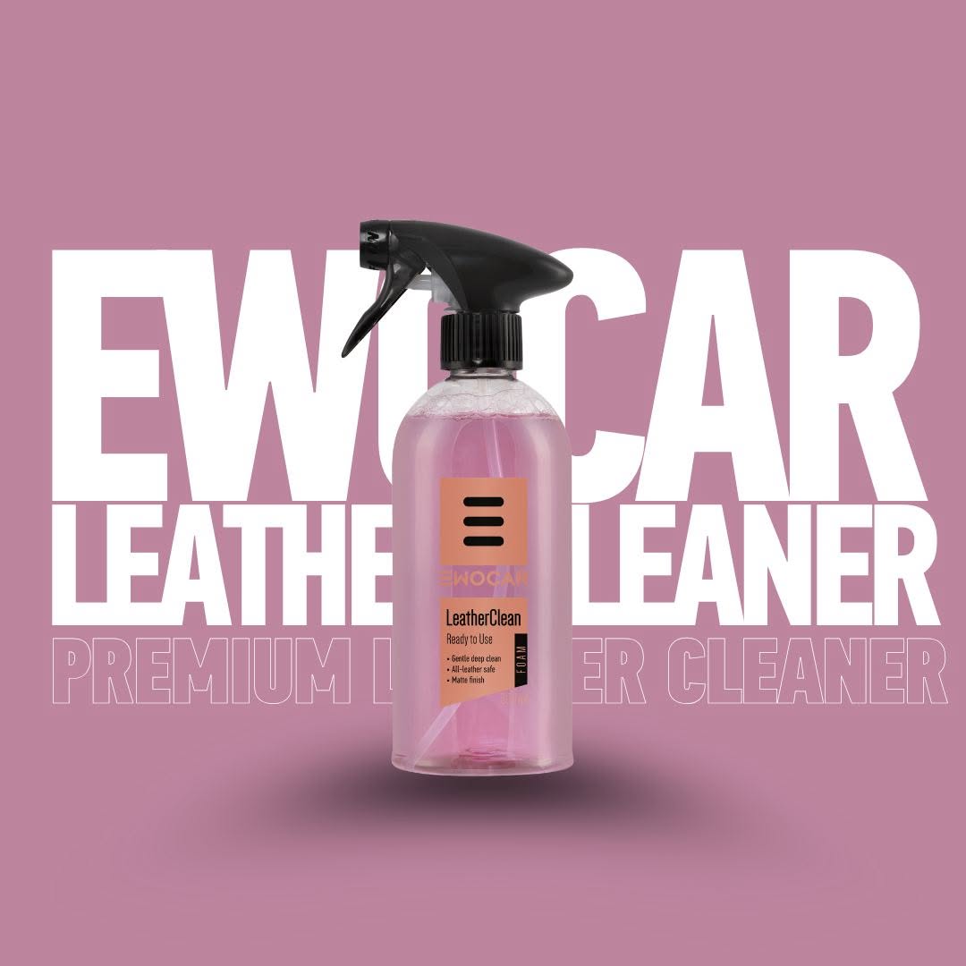 Bottle of EWOCAR Leather Cleaner with text on a pink background