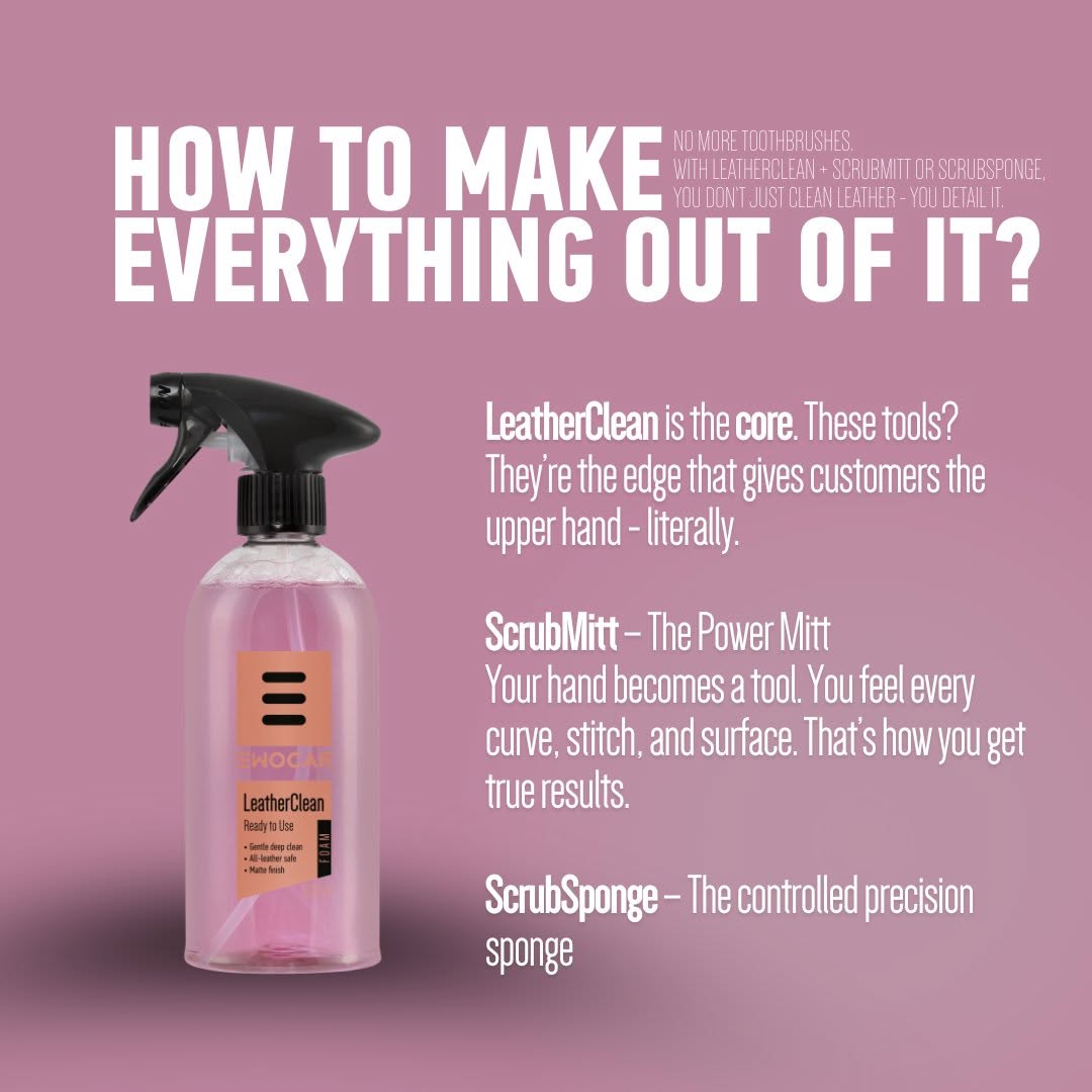 Bottle of EWOCAR Leather Cleaner with text on a pink background