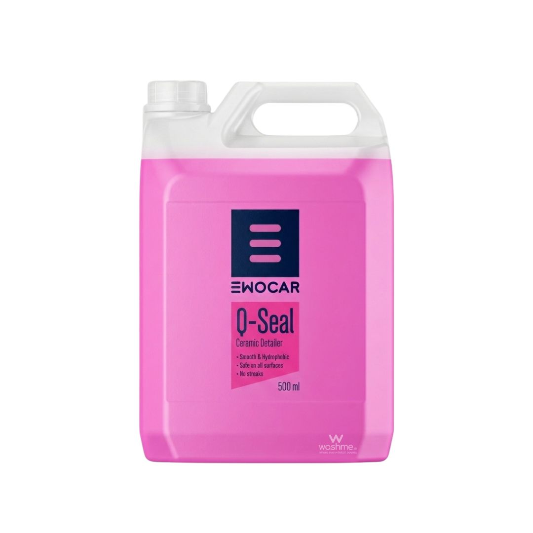 Pink bottle of Ewocar Q-Seal on a white background