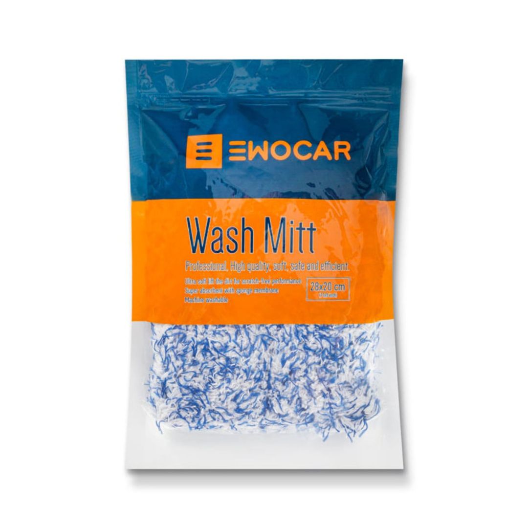 Blue and white wash mitt with 'Ewocar' branding on a white background