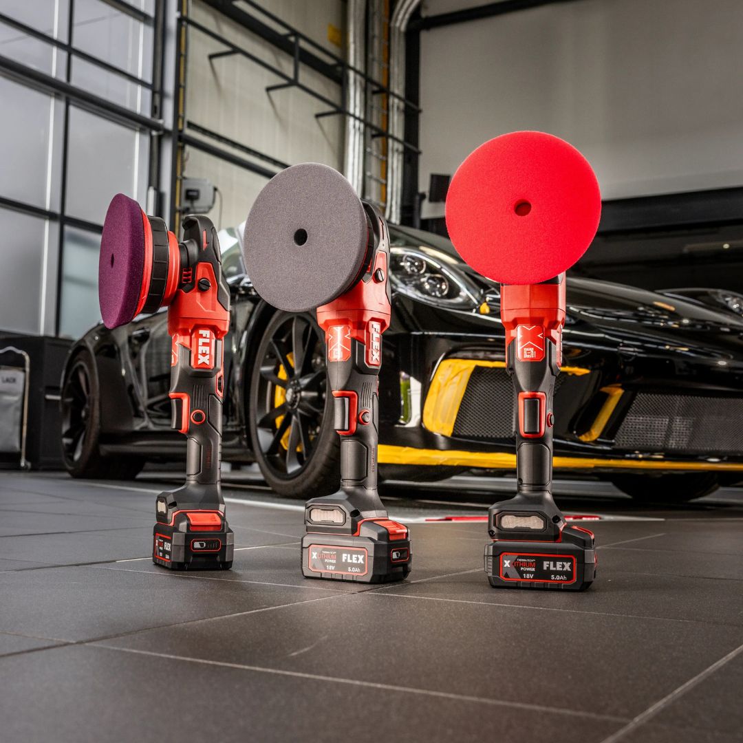 Flex PE 150 Three car polisher attachments with Flex branding in a garage setting.