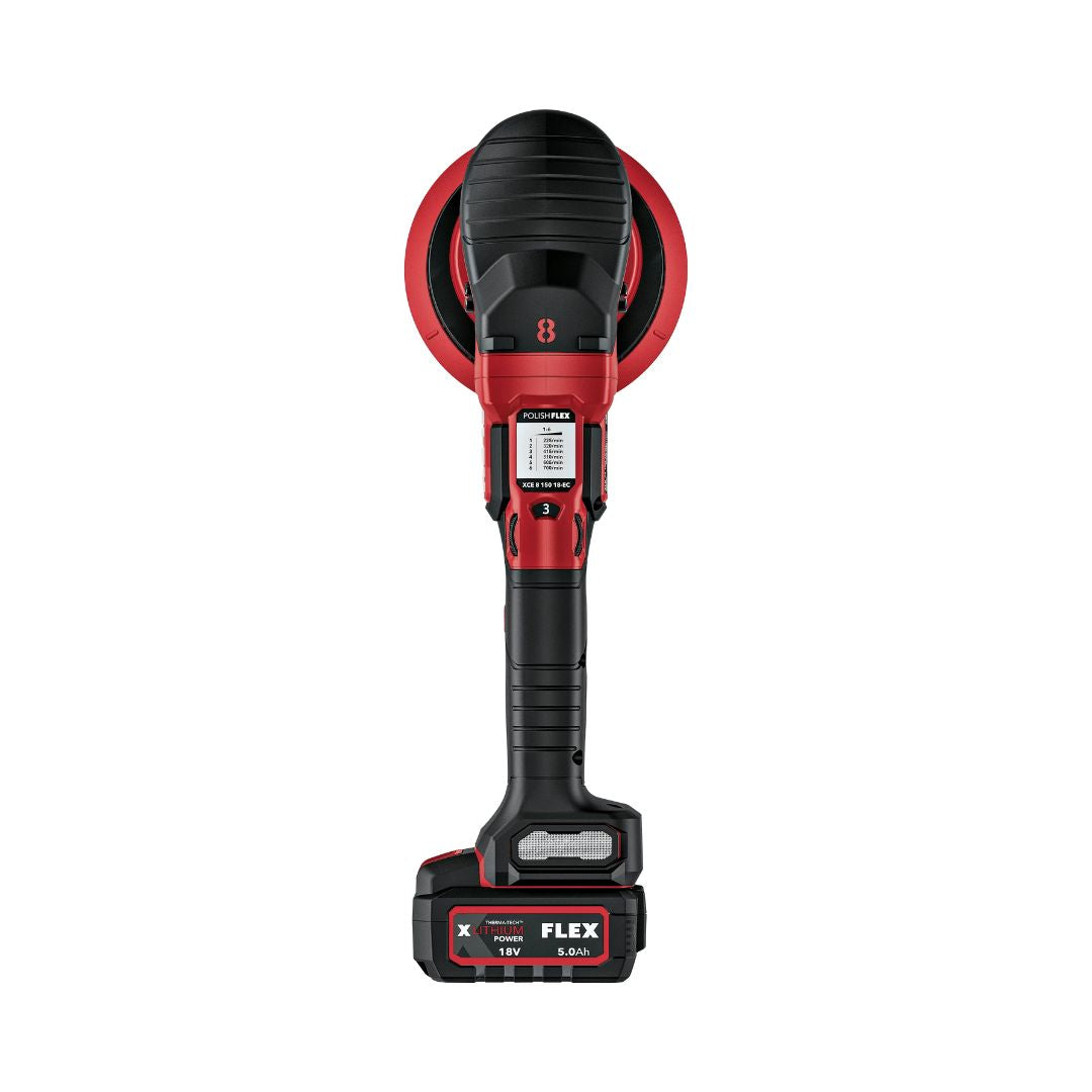 Red and black Flex XCE 8 150 Cordless Orbital Polisher Kit with 'Flex' branding on a white background