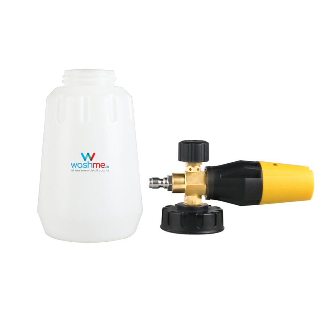 Foam cannon with white container labeled 'Washme' on a white background