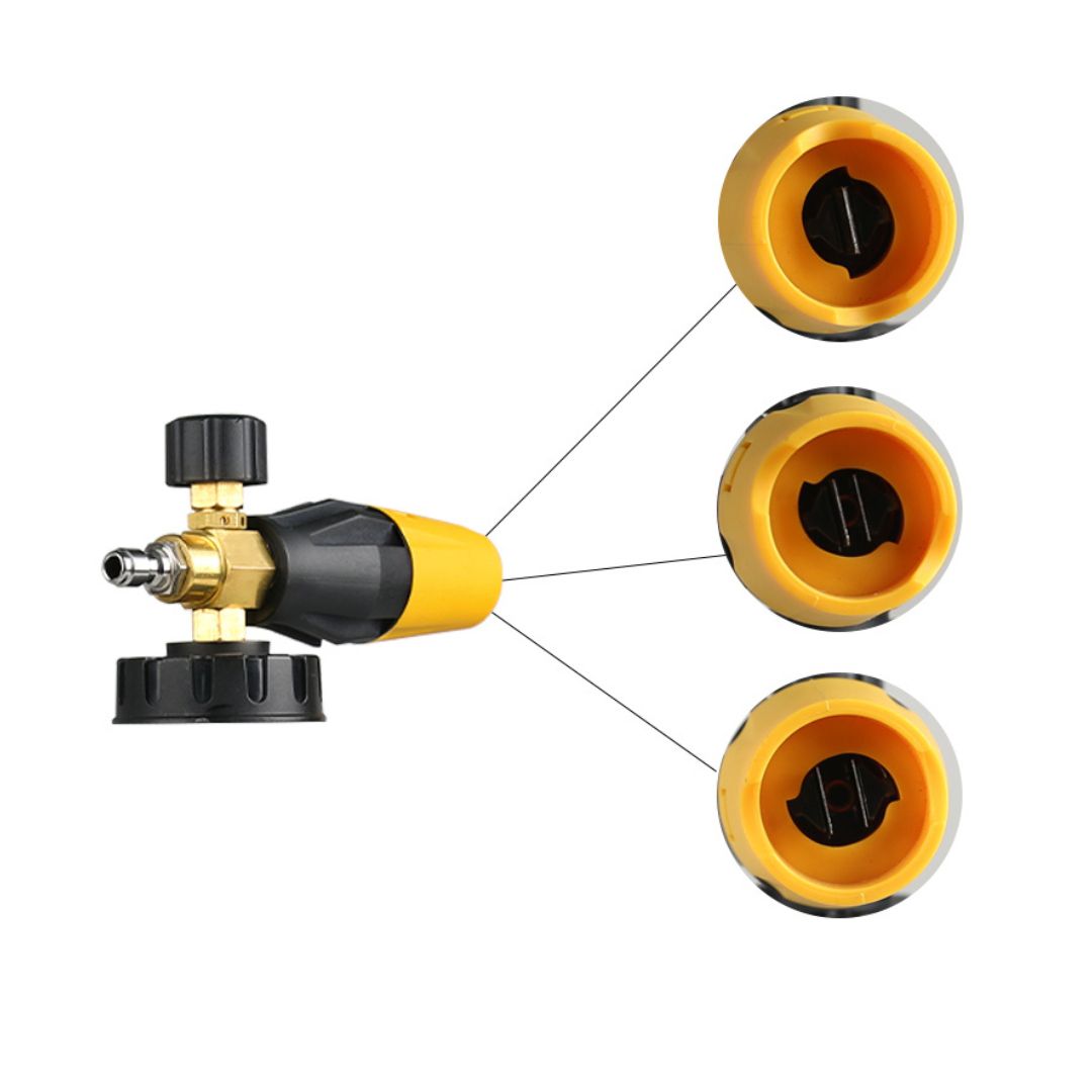 Three yellow and black nozzles attached to a central valve on a white background