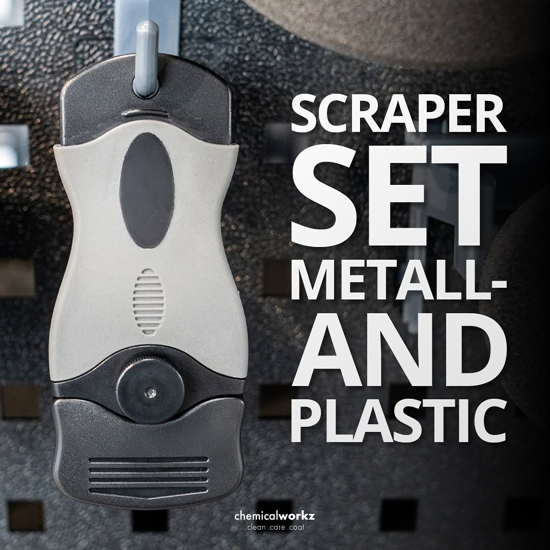 Scrapper set with metallic and plastic components on a textured background