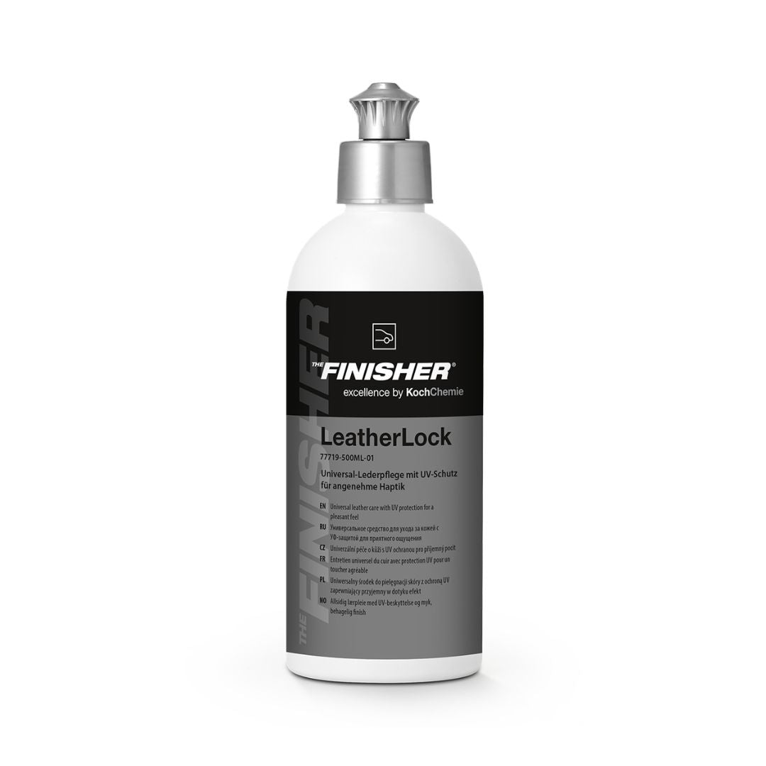 Bottle of Koch Chemie 'The Finisher' LeatherLock on a white background.