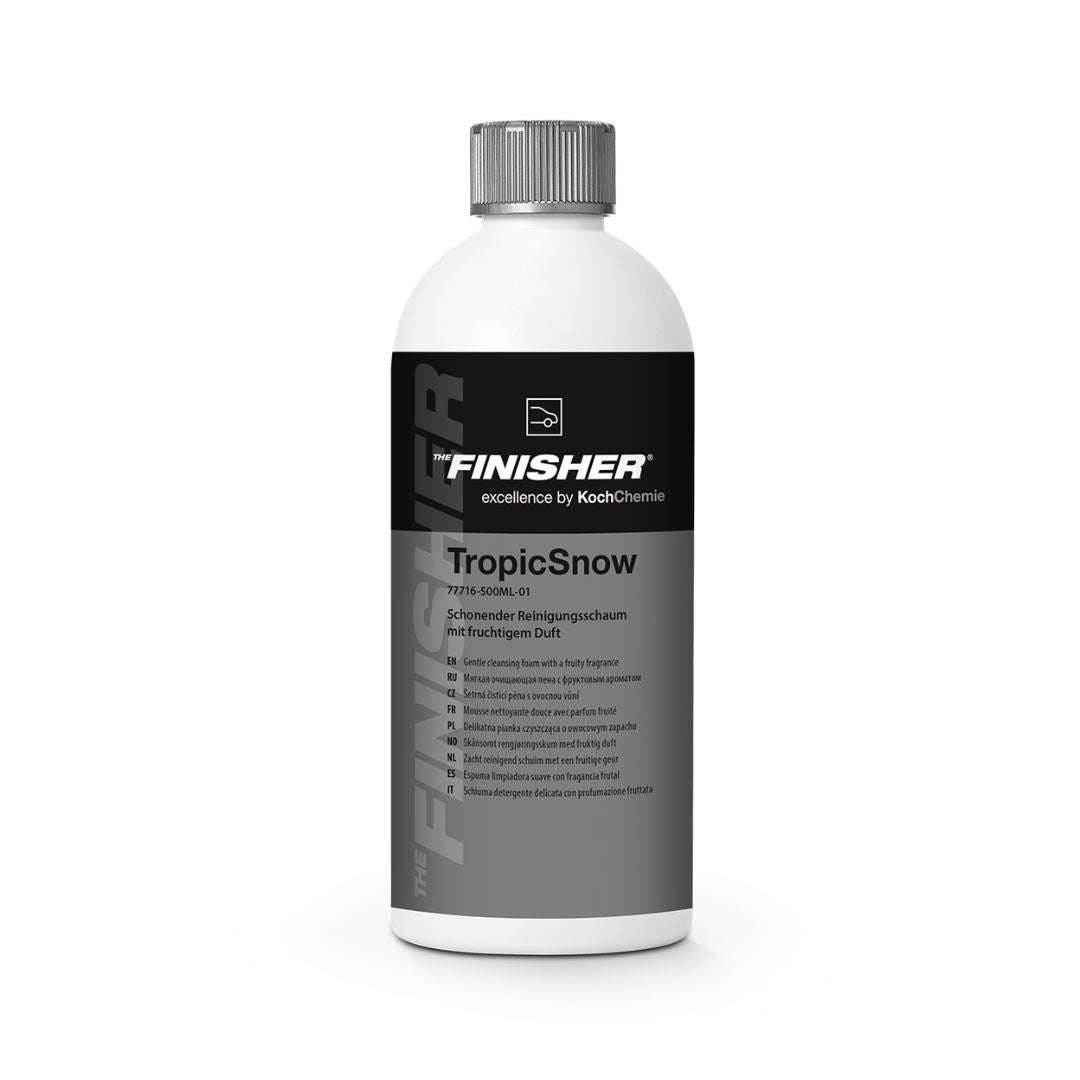 Bottle of Koch Chemie The Finisher TropicSnow car wash soap and snow foam on a white background