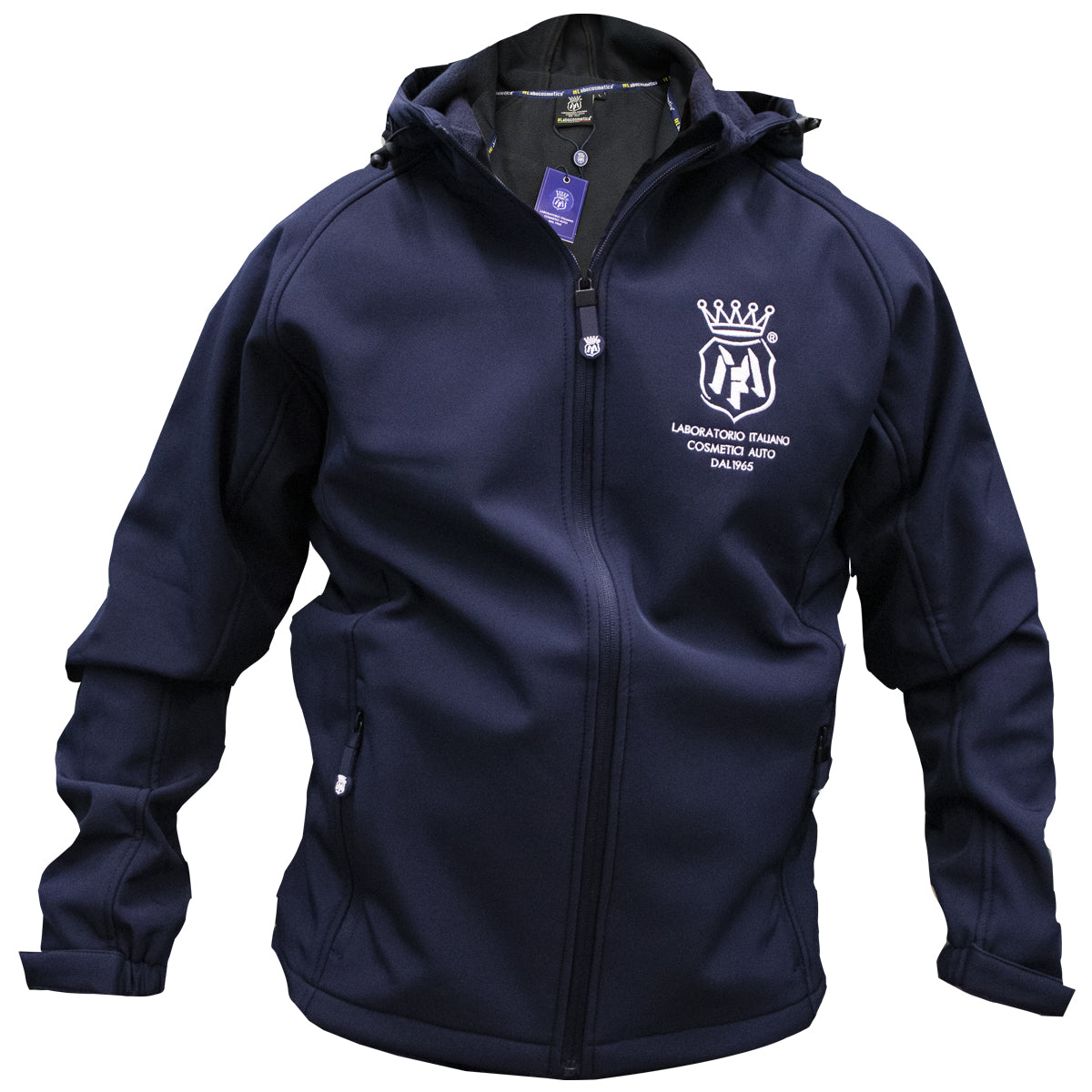 Labocosmetica TECHNO Softshell zipped Hoodie Jacket in navy blue made of high quality materials that are both resistant to wear while still being comfortable to wear. 