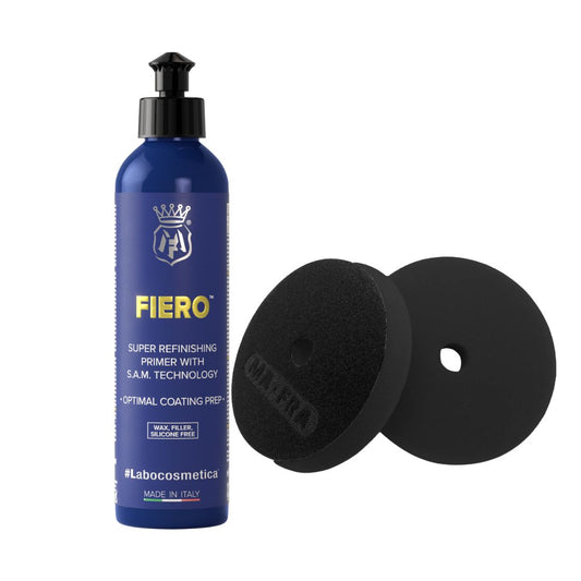 Fiero super refinishing primer bottle with two black polishing pads on a white background