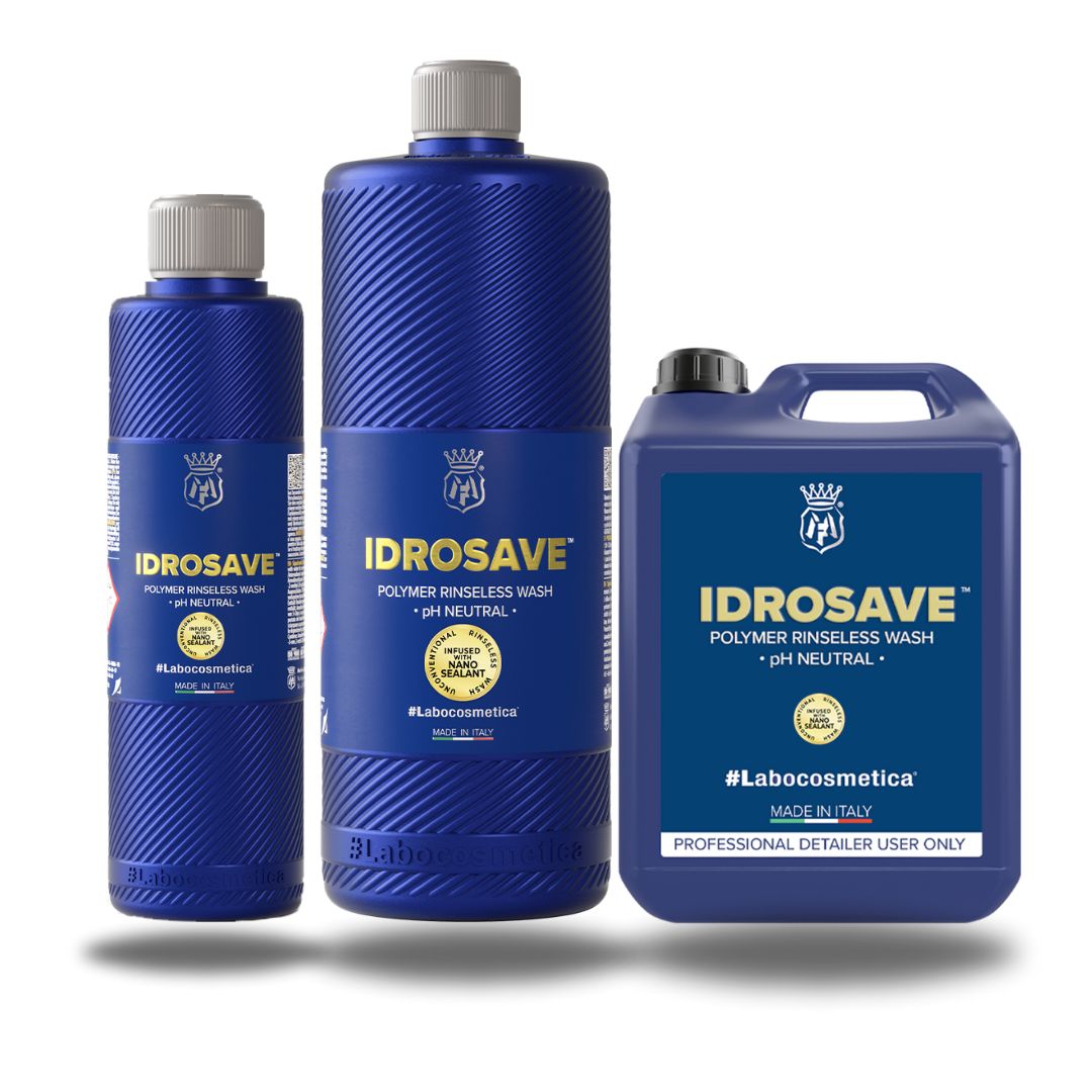 Labocosmetica Idrosave is the latest polymer rinseless wash on the market. With a new and innovative formulation that offers a complete solution for washing and protecting vehicles in a single step without the need for additional rinsing. Idrosave can also be used as a rinse aid and works just as good as a Waterless wash too!