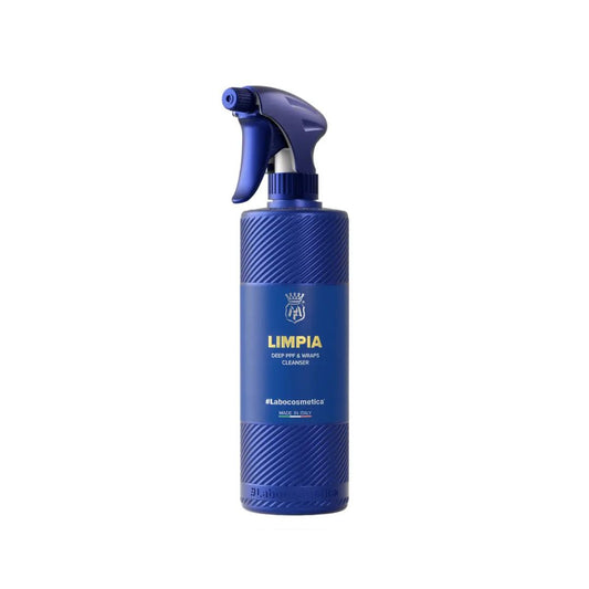 Blue spray bottle labeled 'LIMPIA' on a white background