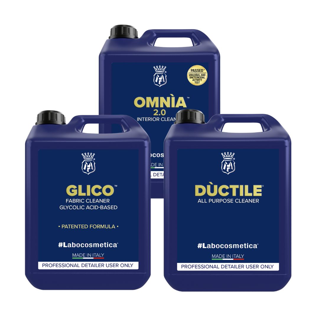 Labocosmetica Professional Interior Kit Small. Labocosmetica Omnia interior cleaner, Glico fabric cleaner, Ductile seat and carpet cleaner. Labocosmetica Ireland