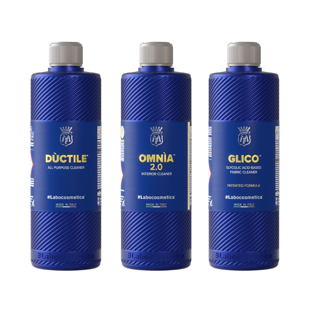 Labocosmetica Professional Interior Kit Small. Labocosmetica Omnia interior cleaner, Glico fabric cleaner, Ductile seat and carpet cleaner. Labocosmetica Ireland