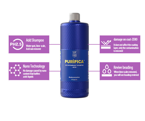Labocosmetica Purifica Shampoo. Acid Shampoo for decontamination. Ceramic coating shampoo. Blue bottle with see through cap. Labocosmetica Cork Ireland