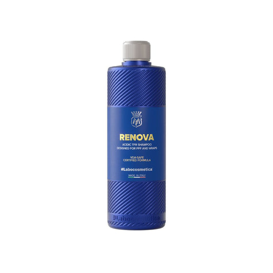 Blue shampoo bottle with 'Renova' branding on a white background