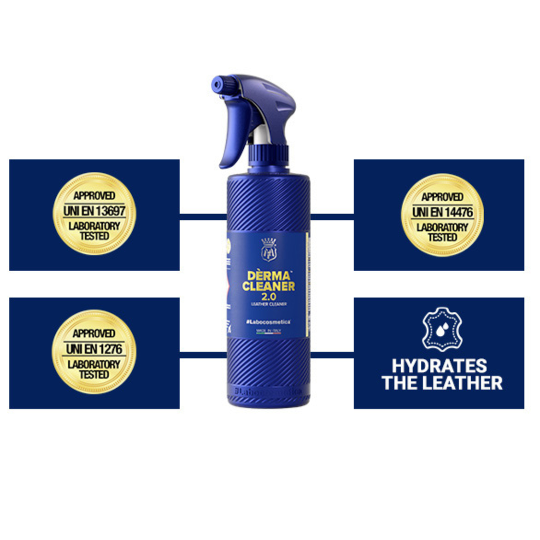 Labocosmetica Derma Leather Cleaner. Safe Leather Cleaner for all leather and steering wheel. Labocosmetica Cork Ireland. Great for Tesla vegan leather