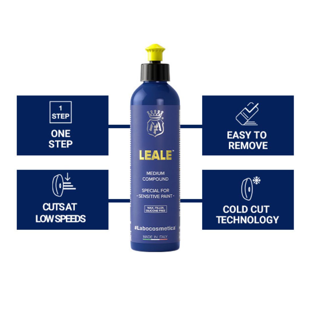 Labocosmetica Leale. One Step polish compound. Medium cut compound polish. best polisher. Easy wipe off. Blue bottle, black lid and yellow tip. Labocosmetica Cork Ireland