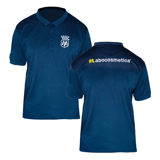 Labocosmetica Polo shirt dry tech. No Sweat polo shirt.. blue with Labocosmetica logo. Labocosmetica Cork Ireland