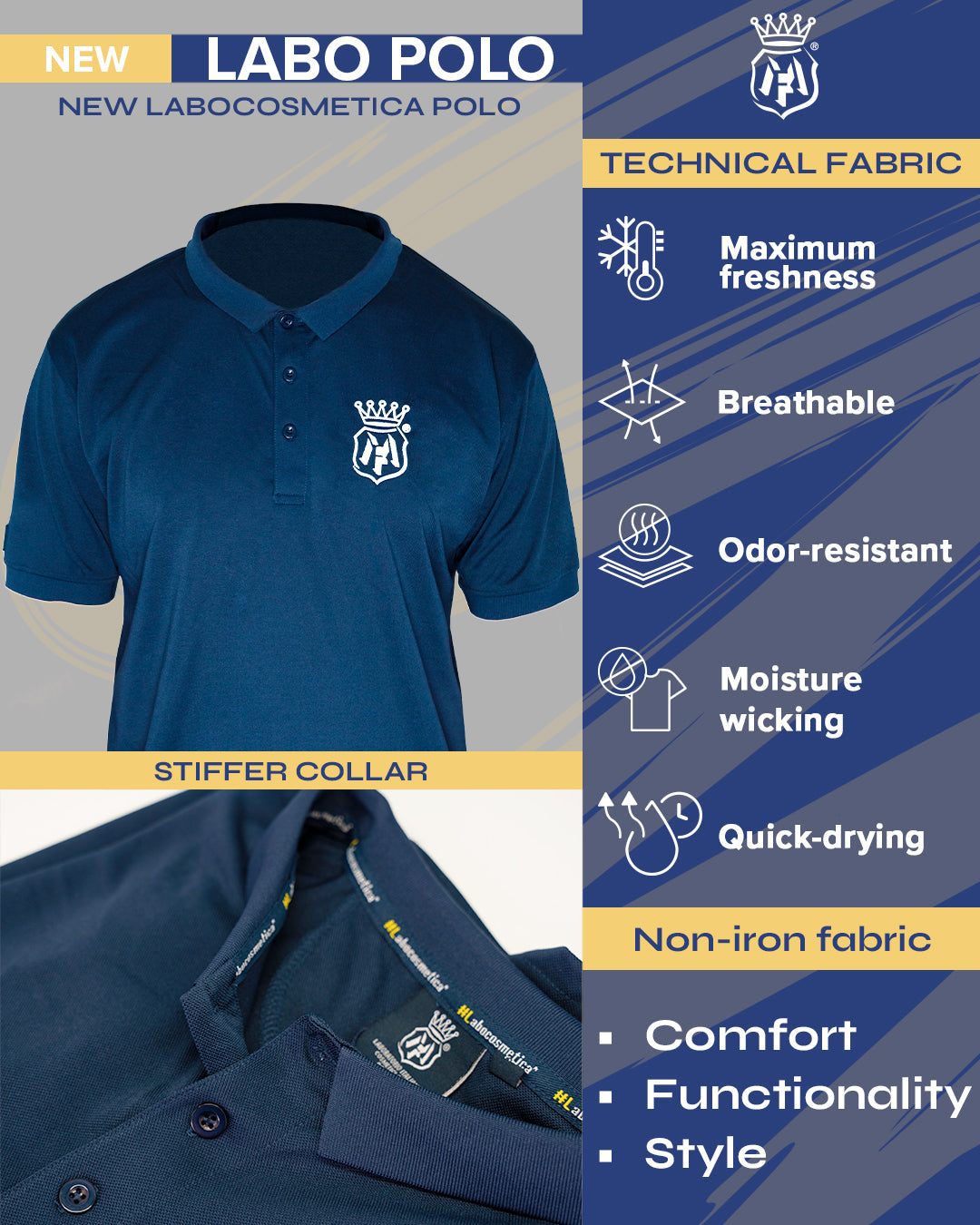 Labocosmetica Polo shirt dry tech. No Sweat polo shirt.. blue with Labocosmetica logo. Labocosmetica Cork Ireland