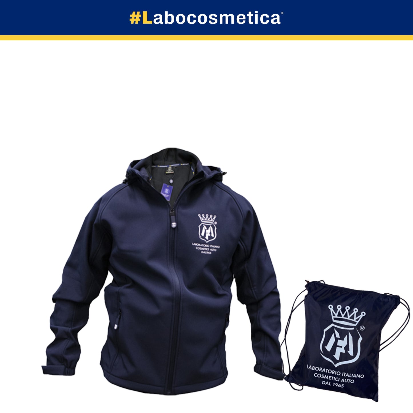 Labocosmetica TECHNO Softshell zipped Hoodie Jacket in navy blue made of high quality materials that are both resistant to wear while still being comfortable to wear. 