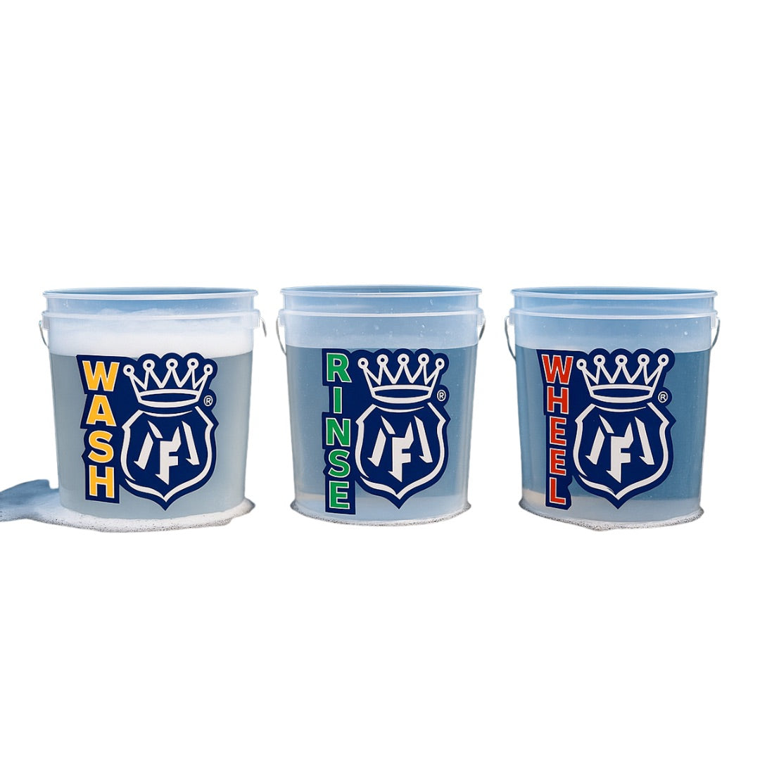 Three buckets labeled 'Wash', 'Rinse', and 'Wheel' with a brand logo on a white background. Labocosmetica buckets