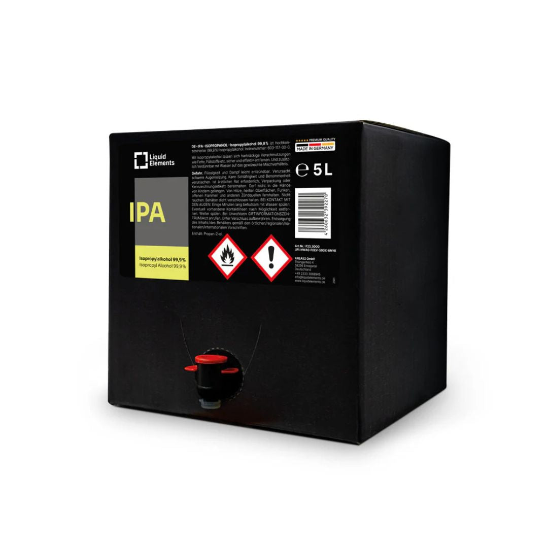 Black container with Liquid Elements IPA - Isopropanol Alcohol 99.9% Liquid Elements labels and a red valve on a white background