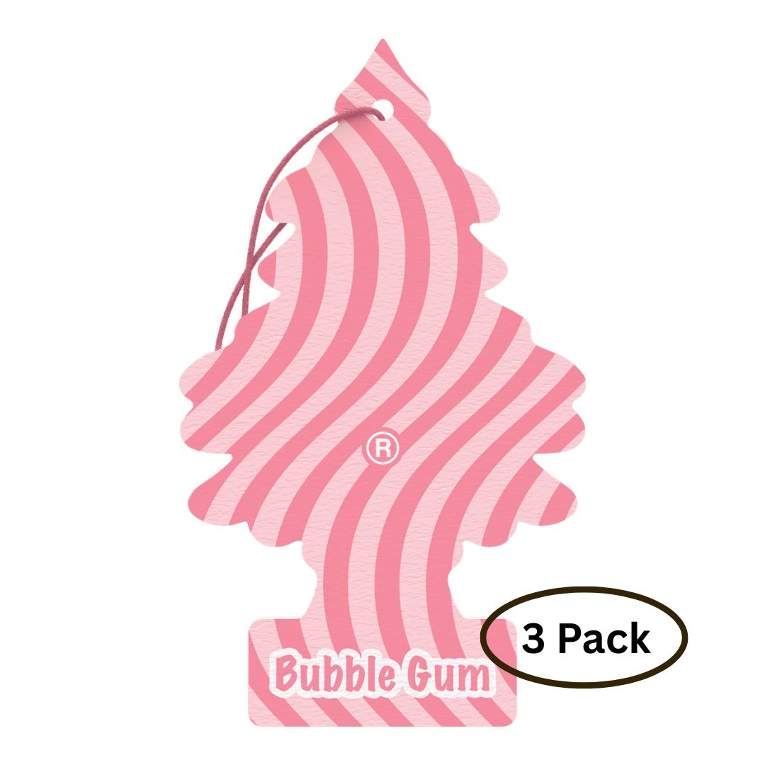 Pink and white striped car air freshener shaped like a tree with 'Bubble Gum' text and '3 Pack' label on a white background.